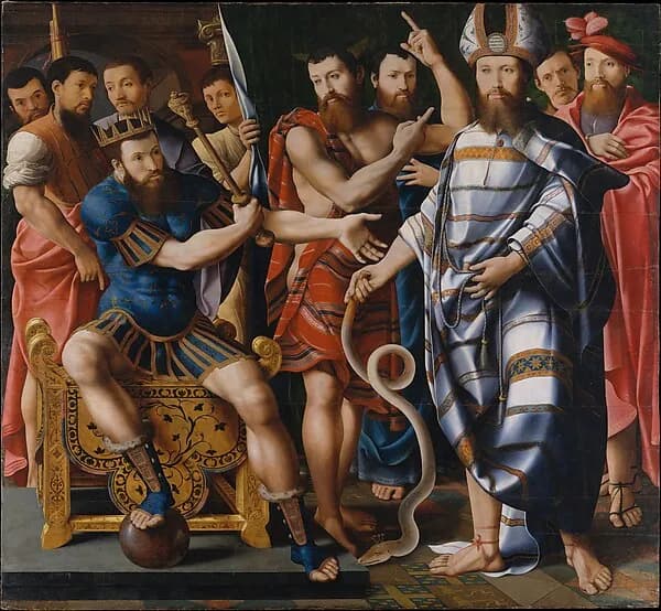 Moses and Aaron before Pharaoh: An Allegory of the Dinteville Family by Master of the Dinteville Allegory depicting Exodus 2