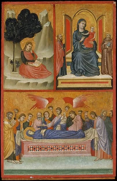 Saint John on Patmos, Madonna and Child Enthroned, and Death of the Virgin; The Crucifixion by Pacino di Bonaguida depicting Matthew 3