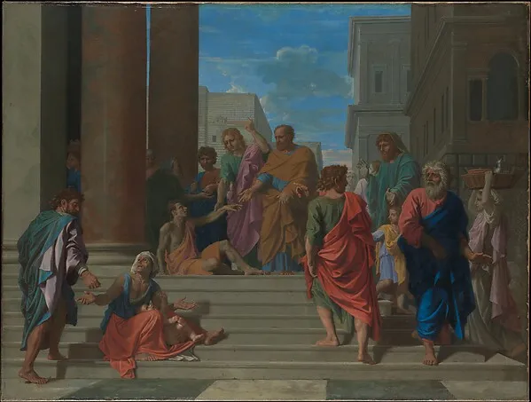 Saints Peter and John Healing the Lame Man by Nicolas Poussin depicting Matthew 9