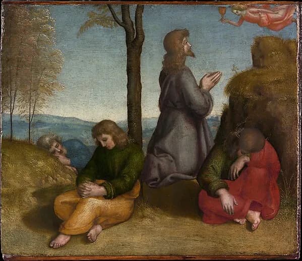 The Agony in the Garden by Raffaello Sanzio da Urbino depicting Matthew 26