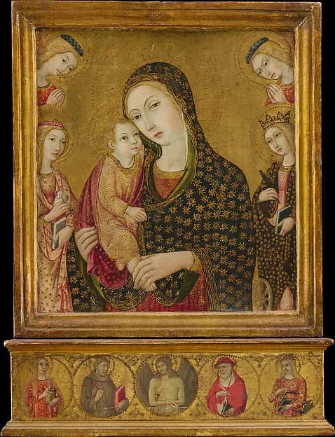 Madonna and Child with the Dead Christ, Saints Agnes and Catherine of Alexandria, and Two Angels by Sano di Pietro (Ansano di Pietro di Mencio) depicting Romans 8