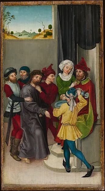 Christ before Pilate; The Resurrection by Ludwig Schongauer depicting Luke 23