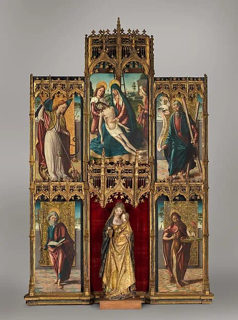 Virgin and Child with the Pietà and Saints by Spanish (Castilian) Painter depicting Matthew 3