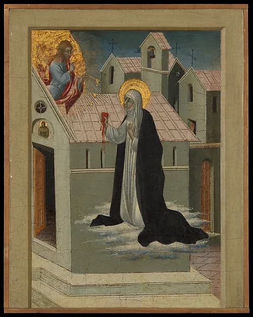 Saint Catherine of Siena Exchanging Her Heart with Christ by Giovanni di Paolo (Giovanni di Paolo di Grazia) depicting Romans 8