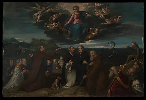The Virgin Adored by Saints by Scarsellino (Ippolito Scarsella) depicting Romans 8