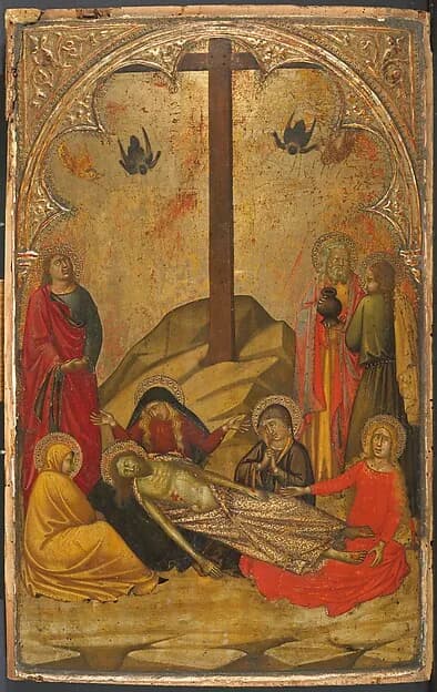 The Lamentation over the Dead Christ by Niccolò di Buonaccorso depicting Mark 15