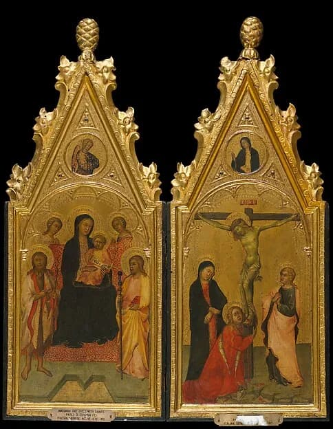 Madonna and Child Enthroned with Two Angels and Saints John the Baptist and James the Great and (above) the Annunciatory Angel (left wing); Crucifixion with the Virgin, Saint Mary Magdalen and Saint John the Evangelist and (above) the Virgin Annunciate (right wing) by Paolo di Giovanni Fei depicting Matthew 3