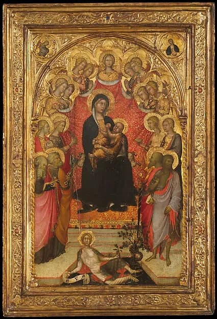 Madonna and Child Enthroned with Saint John the Evangelist, Saint Peter, Saint Agnes, Saint Catherine of Alexandria, Saint Lucy, an Unidentified Female Saint, Saint Paul, and Saint John the Baptist, with Eve and the Serpent; the Annunciation by Paolo di Giovanni Fei depicting Luke 1