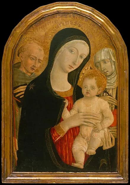 Madonna and Child with Saints Francis and Catherine of Siena by Matteo di Giovanni di Bartolo depicting Romans 8