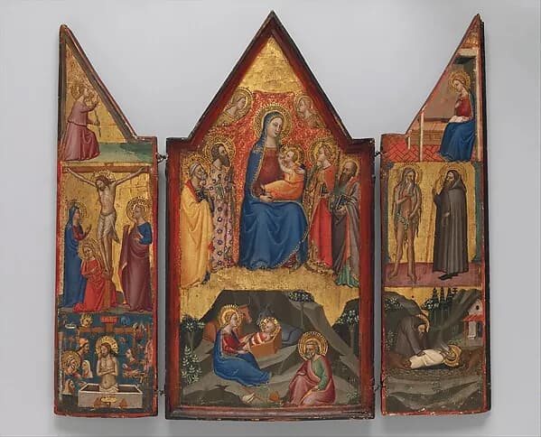 Madonna and Child Enthroned with Saints Peter, Bartholomew, Catherine of Alexandria, and Paul, and (below) the Nativity; left wing (top to bottom): Annunciatory Angel, Crucified Christ with the Virgin, Saints Mary Magdalen and John, and Christ as the Man of Sorrows; right wing (top to bottom): Virgin Annunciate, Saints Onophrius and Paphnutius, and Saint Onophrius Buried by Saint Paphnutius. by Matteo di Pacino depicting Luke 2