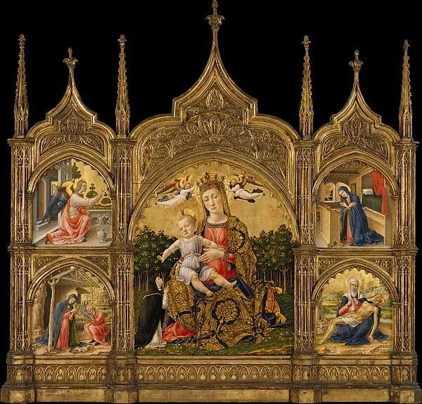 The Madonna of Humility, the Annunciation, the Nativity, and the Pietà by Bartolomeo Vivarini depicting Luke 1