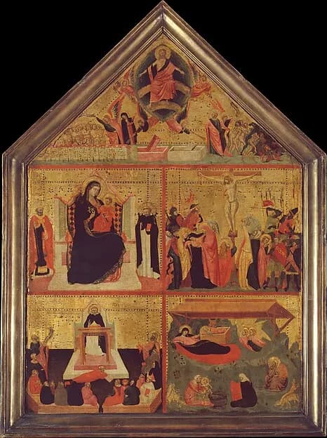 The Last Judgment; The Virgin and Child with a Bishop-Saint and Saint Peter Martyr; The Crucifixion; The Glorification of Saint Thomas Aquinas; The Nativity by Master of the Dominican Effigies depicting Luke 2