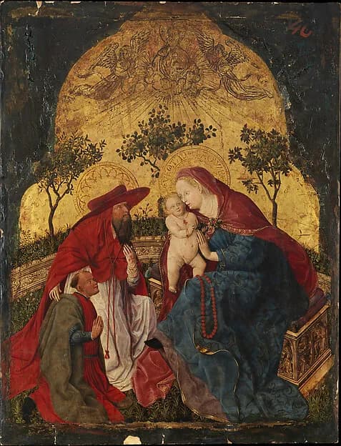 Virgin and Child with a Donor Presented by Saint Jerome by Master of the Munich Bavarian Panels depicting Romans 8