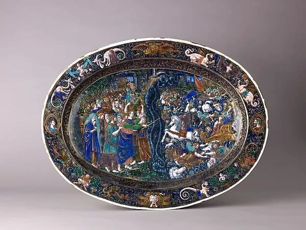 Dish: The Destruction of the Hosts of Pharaoh by Master IC (probably Jean Court) depicting Exodus 2