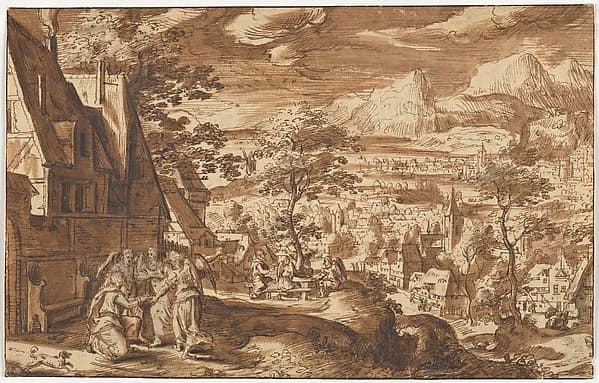 Landscape with Abraham and the Angels by Copy after Hans Bol depicting Genesis 18