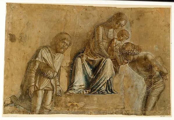 Madonna and Child with Saints Roch and Sebastian by Michele da Verona depicting Luke 2