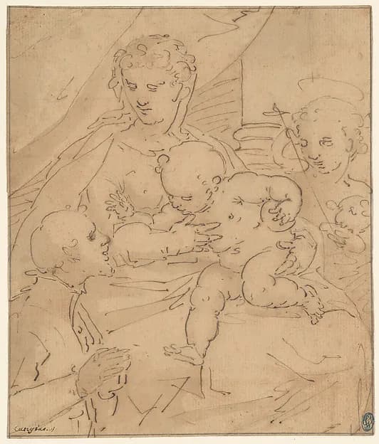 Madonna and Child with the Young Saint John the Baptist and a Donor by Workshop of Cambiaso depicting Matthew 3