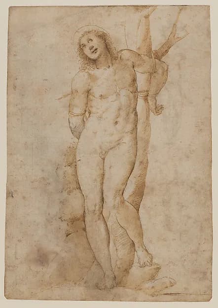 Saint Sebastian (recto); sketches of a male head and a standing figure in a short cape; a copy of the figure on the recto (verso) by Sodoma (Giovanni Antonio Bazzi) depicting Romans 8