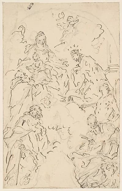The Virgin and Child Enthroned on a Cloud, with Saints Dominic, John Nepomuk, Sebastian, Mark, and Anthony Abbot by Giuseppe Diziani depicting Luke 2