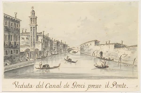 The Rio dei Greci, with the Ponte della Pieta in the Distance by Giacomo Guardi depicting Mark 15