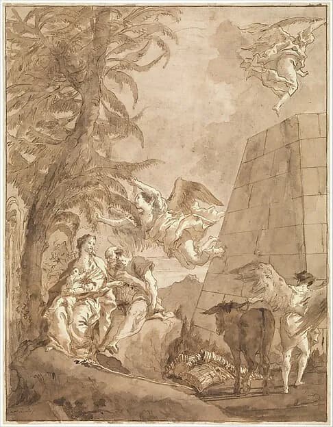 The Rest on the Flight into Egypt (with a Truncated Pyramid on the Right) by Giovanni Domenico Tiepolo depicting Matthew 2