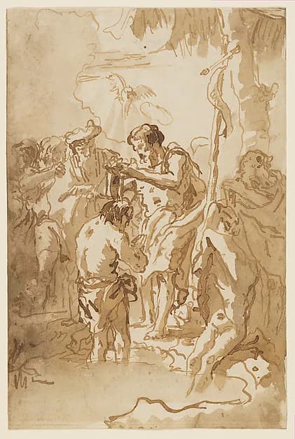 The Baptism of Christ (with Christ Standing at Left Center, His Back Turned, and a Youth Stripping in the Right Foreground) by Giovanni Domenico Tiepolo depicting Matthew 3