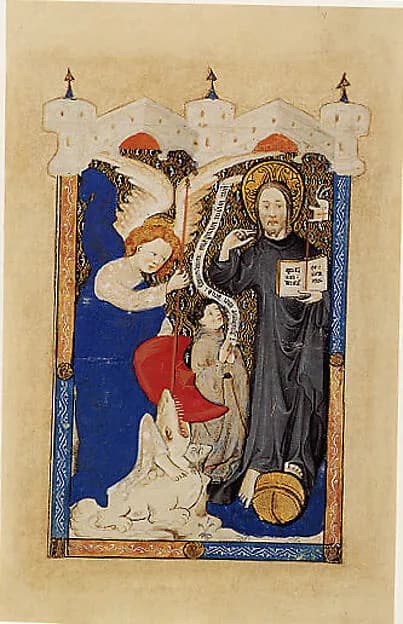 Saint Michael Presenting a Donor to Christ as Salvator Mundi by Southern Netherlands depicting Revelation 12