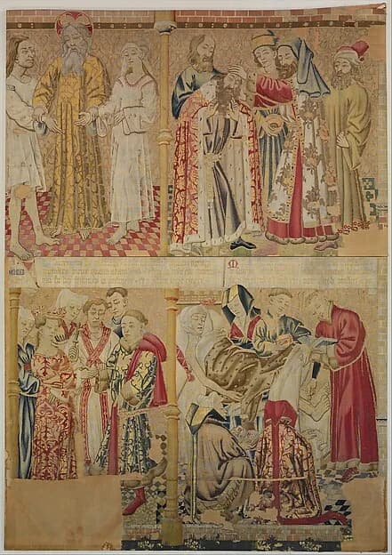 Scenes from the Story of the Seven Sacraments, God the Father Uniting Adam and Eve, and David Being Annoited King at Hebron by Anonymous depicting Genesis 3