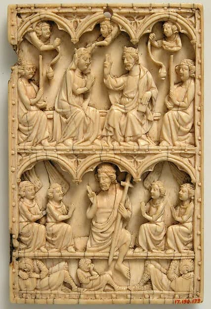 Diptych Leaf with the Resurrection and the Coronation of the Virgin by Anonymous depicting Matthew 28
