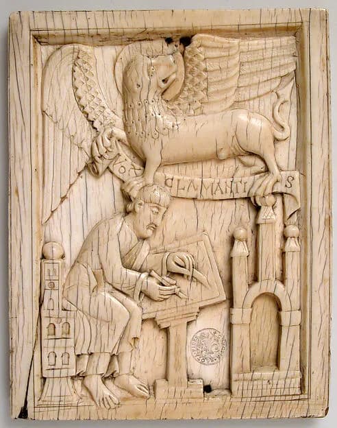 Evangelist Saint Mark writing the Gospel with his symbol, the Lion, holding a scroll by Anonymous depicting Mark 1