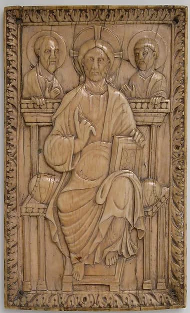 Plaque with Christ enthroned with two Apostles by Anonymous depicting John 1