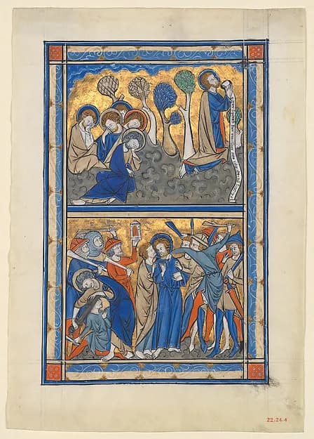 Manuscript Leaf with the Agony in the Garden and Betrayal of Christ, from a Royal Psalter by Anonymous depicting Psalms 23
