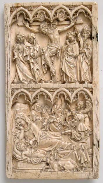 Leaf from a Diptych with the Crucifixion and Nativity by Master of Kremsmünster depicting Luke 2