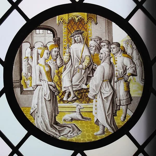 Roundel with Susanna In Judgement by After Master of the Jospeh Panels, Jacob Van Lathem? depicting Daniel 13