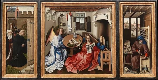 Annunciation Triptych (Merode Altarpiece) by Robert Campin depicting Luke 1