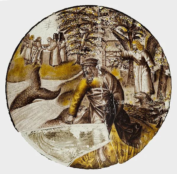 Roundel with Tobias Drawing the Fish from the Water by Anonymous depicting Tobit 6
