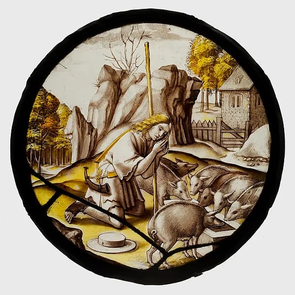 Roundel with the Prodigal Son among the Swine by Anonymous depicting Luke 15