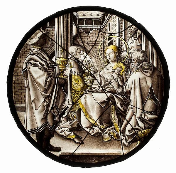 Roundel with Adoration of the Magi by Heinrich Aldegrever depicting Matthew 2