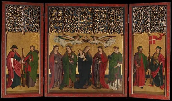 The Burg Weiler Altar Triptych (Altarpiece with the Virgin and Child and Saints) by Master of the Burg Weiler Altarpiece depicting Luke 2