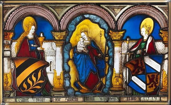 Marriage Panel of Gabriel Weydacher and his wife Juliana Wemis with the Virgin and Child and Saints Barbara and Catherine by Leonhard Beck depicting Romans 8
