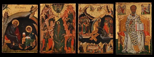Four Icons from a Pair of Doors (Panels), possibly part of a Polyptych: John the Theologian and Prochoros, the Baptism (Epiphany), Harrowing of Hell (Anastasis), and Saint Nicholas by Anonymous depicting Matthew 3