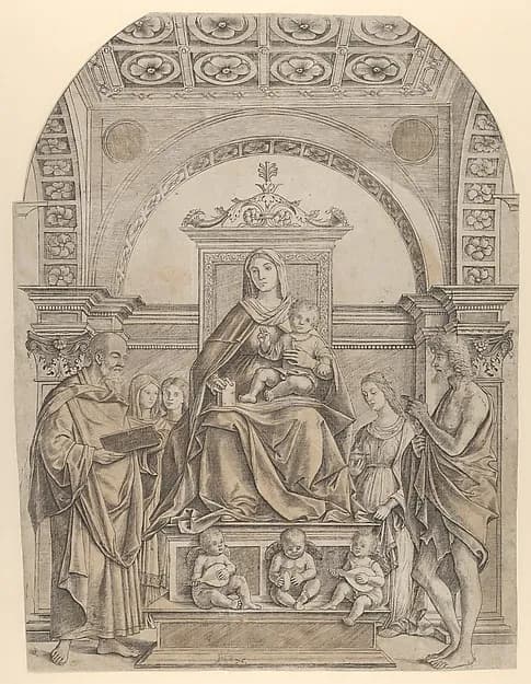 The Virgin and Child enthroned surrounded by saints and angels by Girolamo Mocetto depicting Luke 2