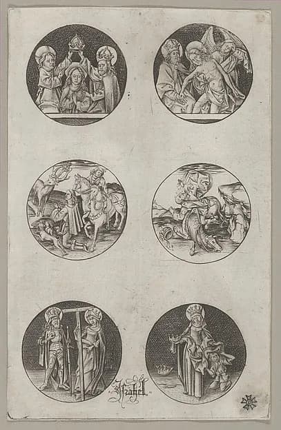 Six Roundel Patterns for a Goldsmith: the Coronation of the Virgin, God the Father with the Body of Christ, St. Eustace or St. Hubert, the Conversion of St. Paul, Charlemagne and St. Helen, and St. Elizabeth by Israhel van Meckenem depicting Luke 1
