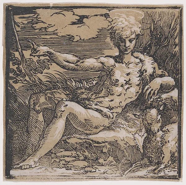 Young Saint John the Baptist in the desert, a lamb at his side by Antonio da Trento depicting Matthew 3
