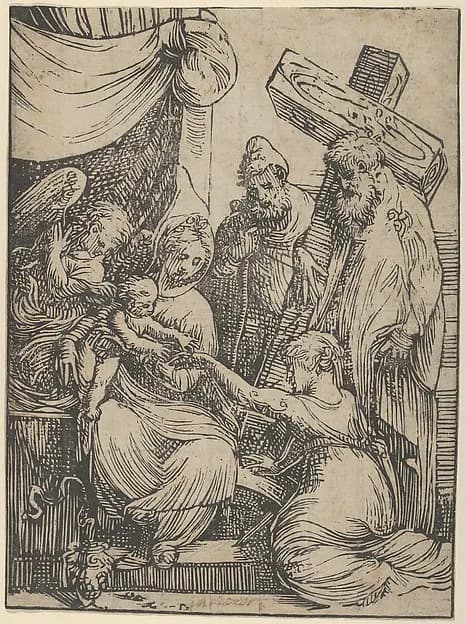The marriage of Saint Catherine by Andrea Schiavone (Andrea Meldola) depicting Romans 8