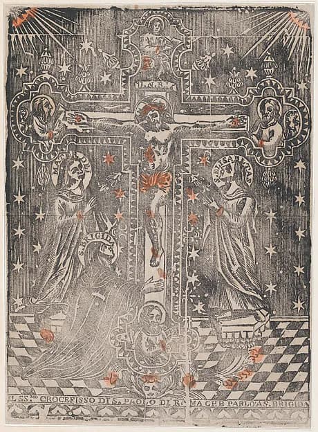 Christ on the cross flanked by the Virgin, Saint Brigit and Saint Elisabeth by Anonymous, Italian, 16th century depicting Matthew 27