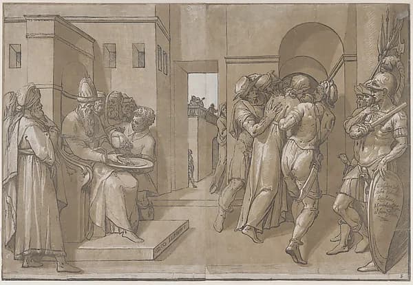 Pilate at the left washing his hands (left side of sheet) by Andrea Andreani depicting John 1