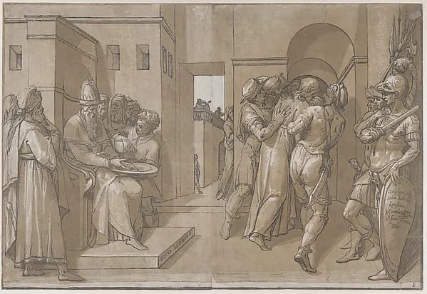Christ is being led away, soldiers stand at the right (right side of sheet) by Andrea Andreani depicting John 1