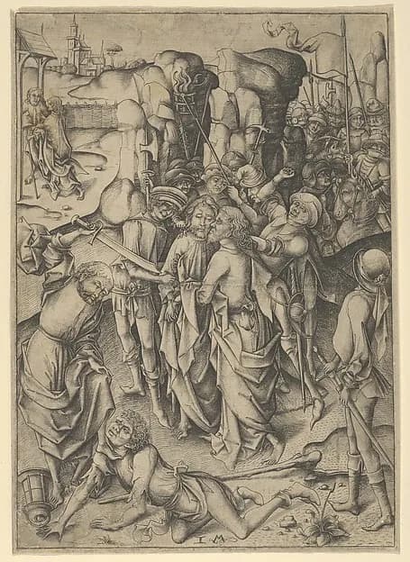 The Betrayal and Capture of Christ by Israhel van Meckenem depicting Matthew 26