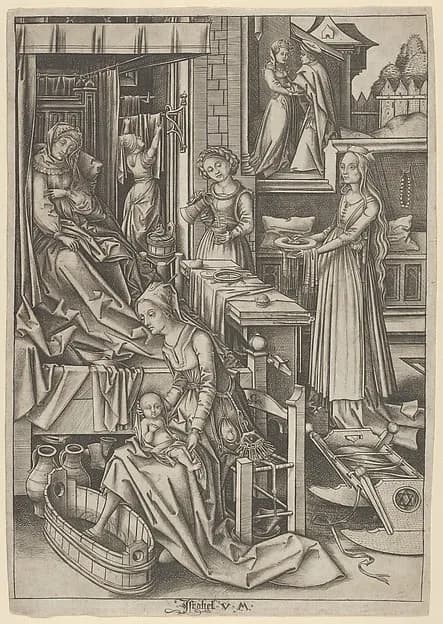The Birth of Mary, from The Life of the Virgin by Israhel van Meckenem depicting Luke 1
